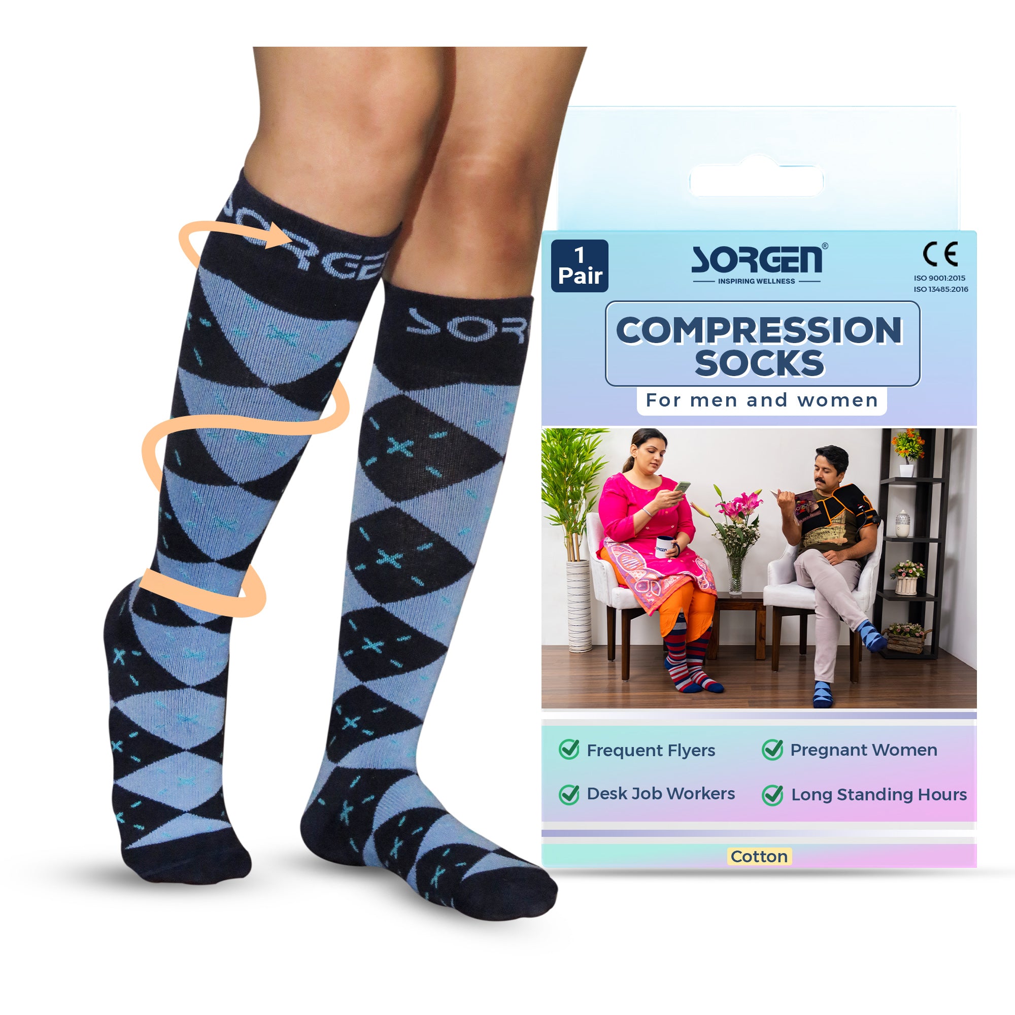 Sorgen® Cotton Compression Socks Travel Maternity For Everyday Wear- Argyle