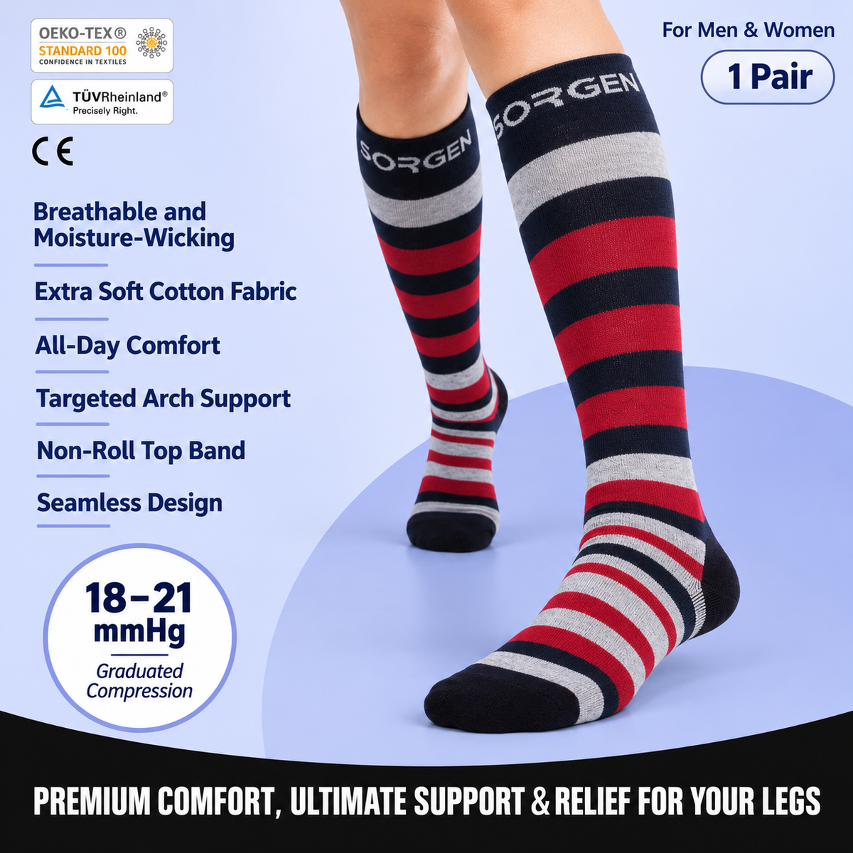Sorgen® Copper Infused Crimson Stripes Compression Socks  | Travel | Maternity | For Everyday Wear