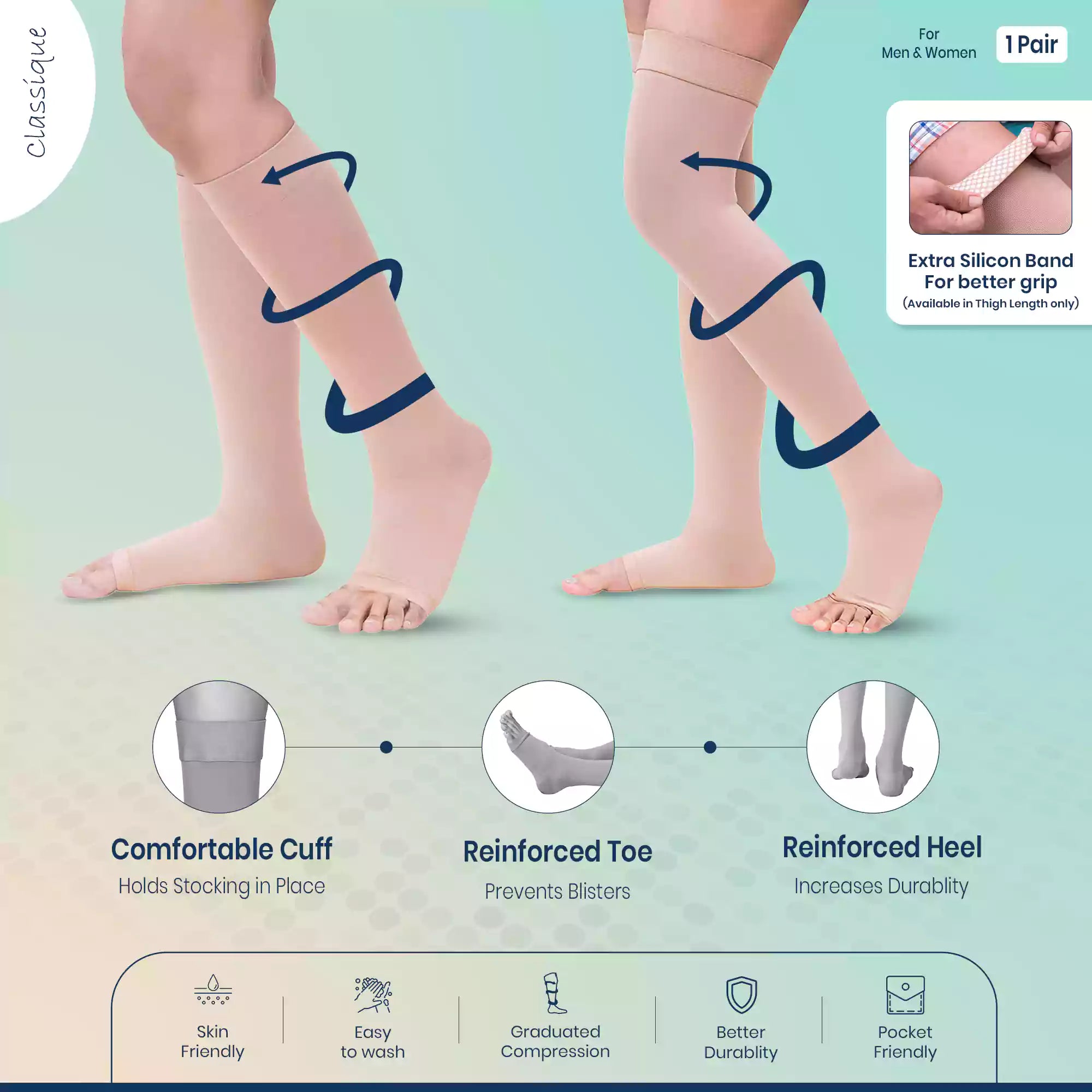 Medical Compression Stocking - Class 2 Knee Length | Mild Support |  Improves Blood Circulation | Swollen | Tired | Aching Legs (Beige)
